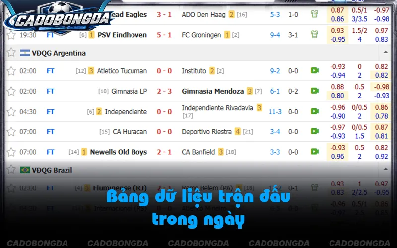 Bảng tỷ số và dữ liệu kết quả bóng đá hôm nay
