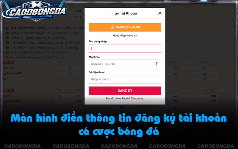 Hướng dẫn tạo tài khoản cá cược qua form mẫu trên máy tính