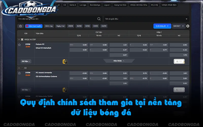 Giao diện tra cứu tỷ lệ kèo và dữ liệu bóng đá trực tuyến